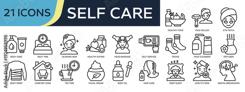 Collection of Self Care icons, related to Healthy food, Body Care, Healthy eating, Self service, Tea time and more. Outline icons vector illustation.