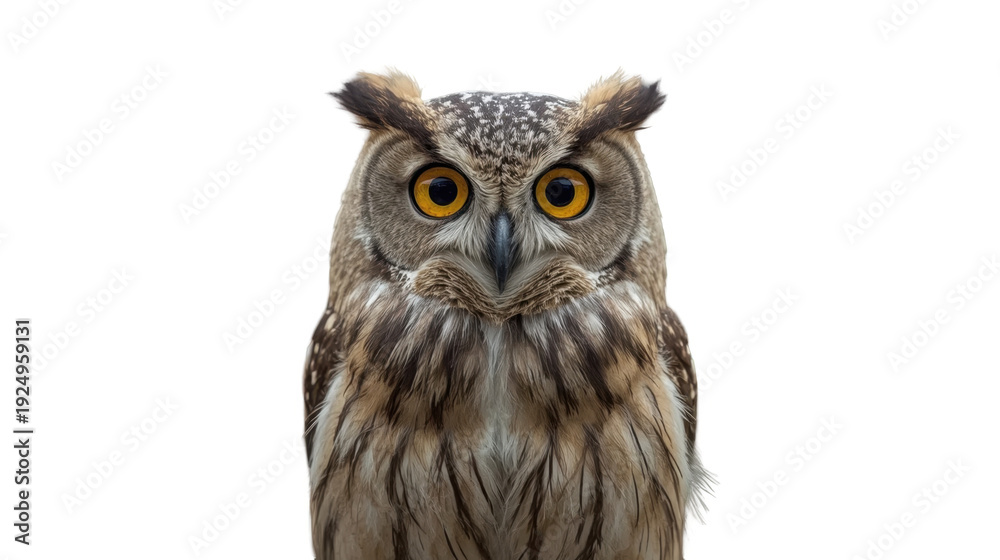Fototapeta premium Brown owl with wide open bright yellow eyes looking forward on white background realistic portrait