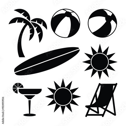 Iconic black and white symbols representing a tropical beach vacation experience isolated on white background, Vector, illustration