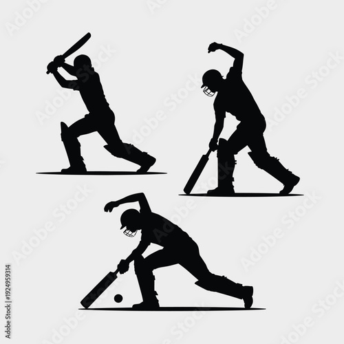 Cricket player demonstrating batting and fielding techniques in silhouette style isolated on white background, Vector, illustration