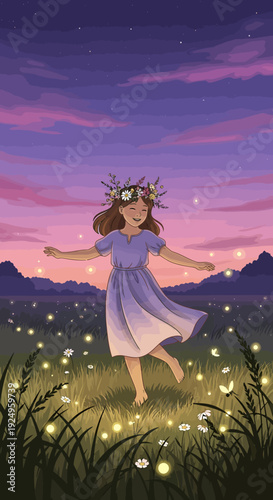 Young girl with flower crown dancing in field of fireflies at sunset