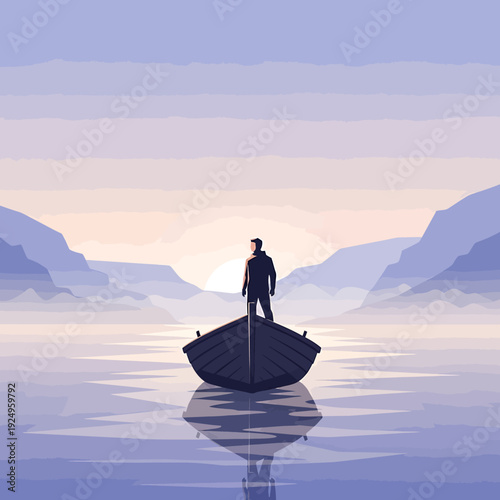 Man in boat gazing at sunrise over misty mountains and calm lake