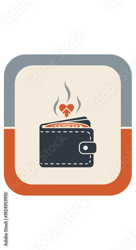 Graphic icon showing a wallet with a heart emitting steam or fire, abstractly depicting financial passion, love, or expenditure