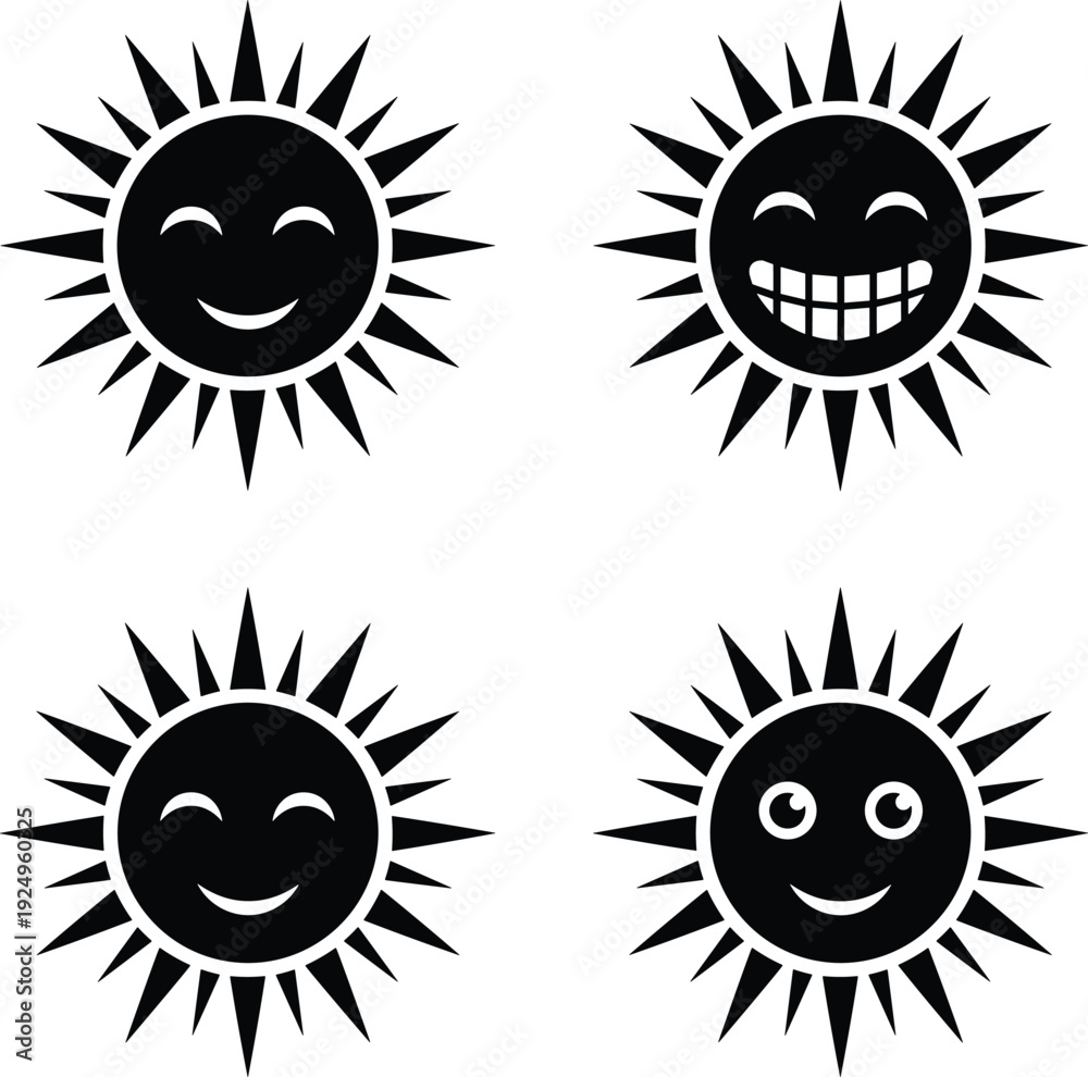 Fototapeta premium Smiling Sun Face Silhouettes – Happy Cartoon Sunshine Characters with Different Expressions
