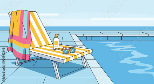 Vibrant beach chair by the poolside with refreshments