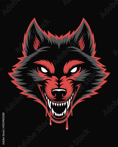 Menacing stylized wolf head with glowing red eyes and snarling mouth isolated on white background, Vector, illustration