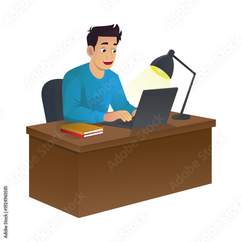 Working on Laptop at Desk Illustration