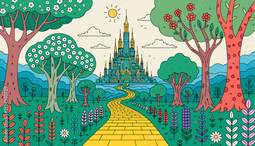 Very beautiful enchanted yellow brick road leading through blooming spring landscape toward a radiant emerald city, creating a dreamy fantasy scene filled with wonder.
