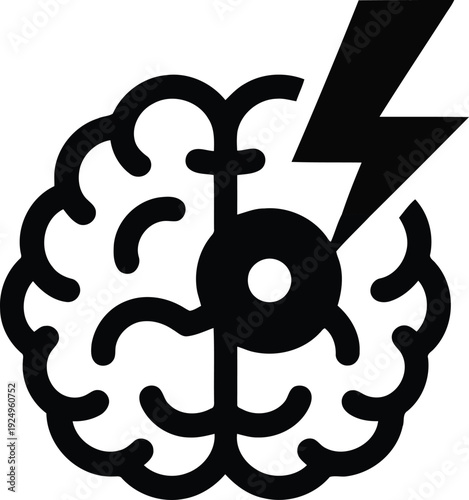 A black and white icon depicting half of a human brain struck by a lightning bolt indicating sudden insight