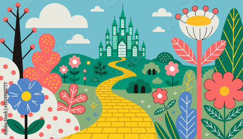 Very beautiful enchanted yellow brick road leading through blooming spring landscape toward a radiant emerald city, creating a dreamy fantasy scene filled with wonder.
