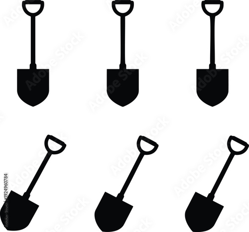 Shovel Silhouette Collection – Front and Angled Views of Garden Spade Tool in Solid Black Design