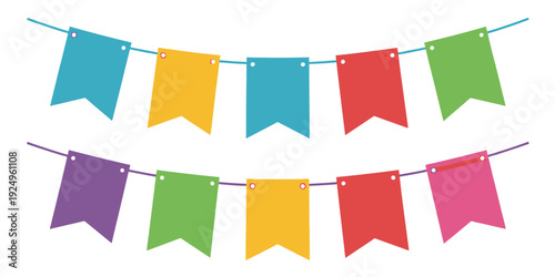 Colorful triangular bunting flags arranged in festive rows for celebrations isolated on white background, Vector, illustration