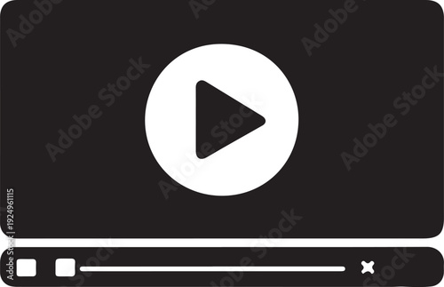 Media Player Screen with Play Button Black Icon,Video Streaming Interface Flat Vector Illustration