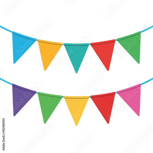 Colorful triangular pennant flags arranged in festive bunting displays isolated on white background, Vector, illustration