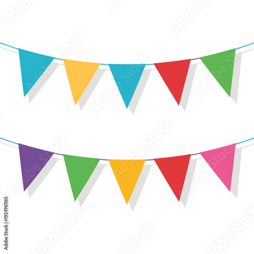 Colorful triangular pennant bunting decorations arranged in parallel rows isolated on white background, Vector, illustration