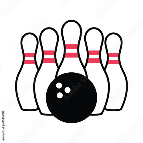 A bowling ball knocking down a set of ten pins with red and white stripes isolated on white background, Vector, illustration