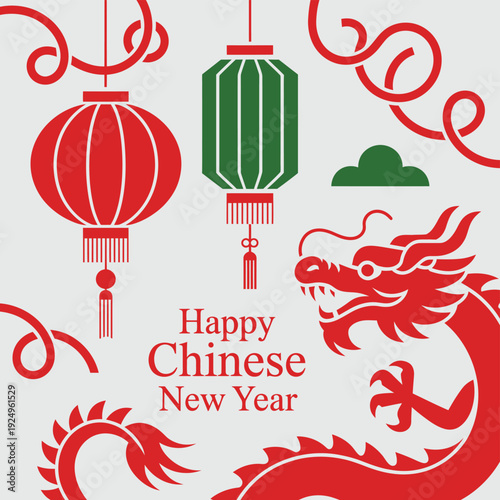 Vibrant celebration design for chinese new year with red lanterns and dragons isolated on white background, Vector, illustration