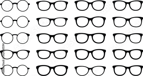 A collection of twenty black outline eyeglasses frames showcasing various shapes and styles for vision correction