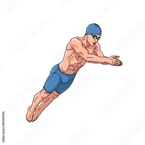Swimmer Diving in Pool with Blue Cap and Goggles in Streamline Position