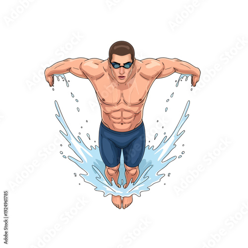 Swimmer Performing Butterfly Stroke Emerging from Water with Strength