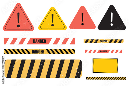 Yellow and black danger tape set with skull symbols for safety hazard zones roads and construction.  Abstract Stripes for Police, Accident, Under Construction.Danger Tape. Seamless Vector collection.