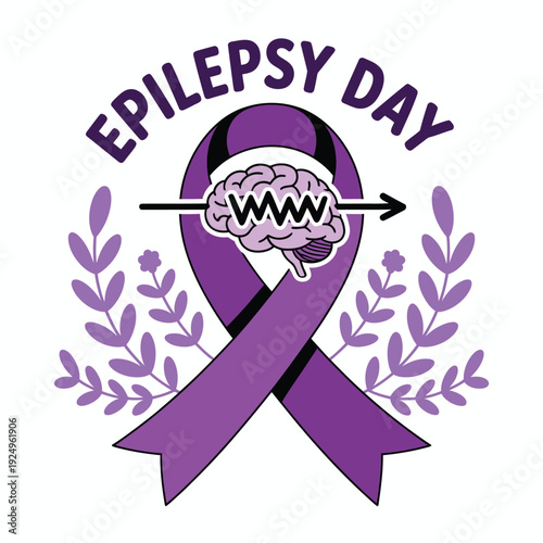Purple ribbon symbolizing epilepsy awareness with brain graphic and leaves isolated on white background, Vector, illustration