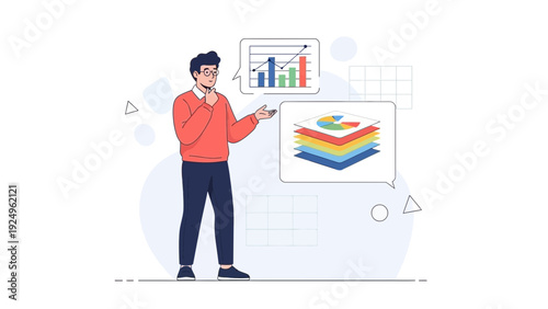 Man presenting business data charts and financial analysis graphics