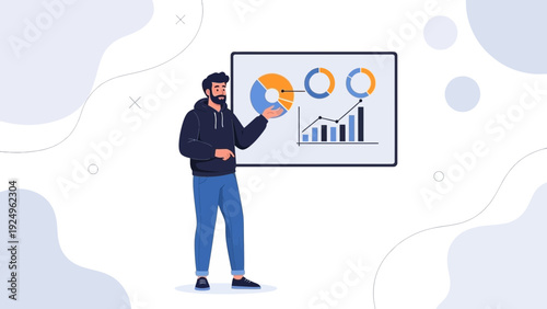 Man presenting data charts and graphs on a whiteboard, business analytics concept
