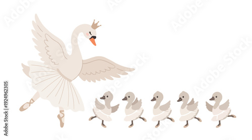 Graceful Swan Ballerina Dancing with Adorable Cygnets Following Behind.