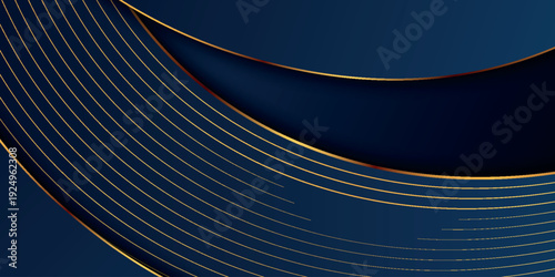 Dark blue abstract background with elegant and luxurious golden curved lines decoration. Premium design with modern shadow line effect.