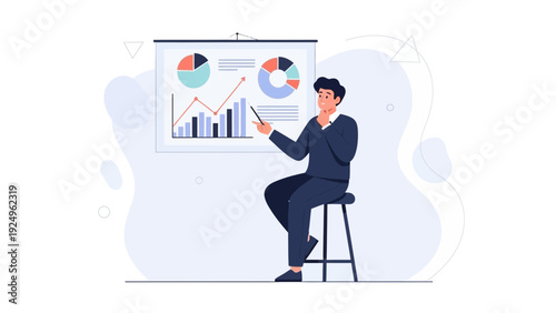 Man presenting data charts on a whiteboard for business analysis