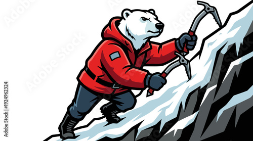 Determined polar bear climber ascends snowy mountain with ice axes.