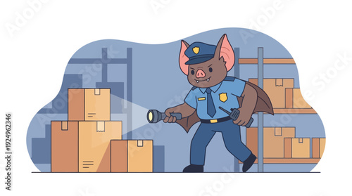 Cartoon Bat Police Officer Searching with Flashlight.