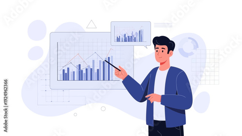 Man presenting financial chart and graphs on a whiteboard, business analytics concept