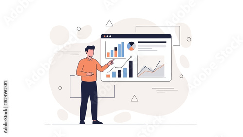 Man presenting financial charts and graphs on a digital screen