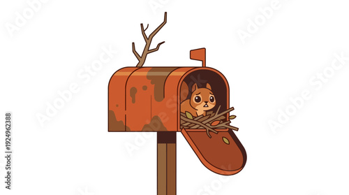 Adorable Chipmunk Nesting Inside a Rustic Mailbox with Twigs and Branches.