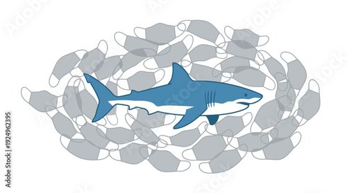 Blue Shark Swimming Amidst a Pile of Gray Face Masks.
