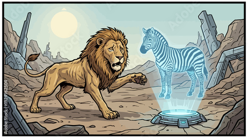 Lion encountering holographic zebra in futuristic landscape digital art.