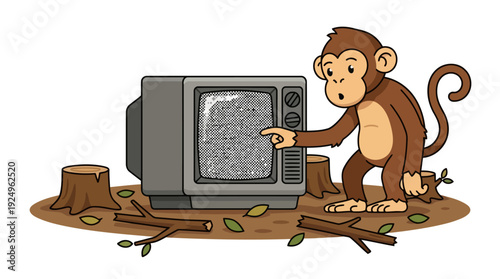 Curious monkey touching old television screen with static.