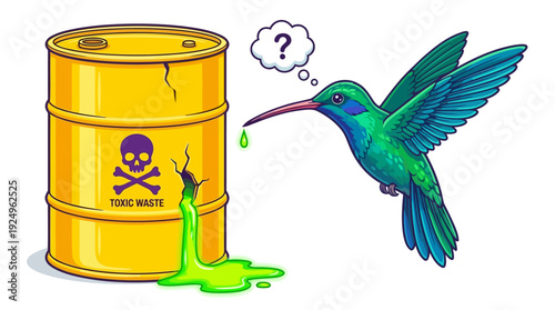 Hummingbird Contemplating Toxic Waste from a Yellow Barrel.