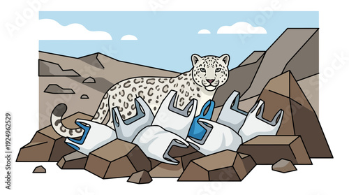 Majestic Snow Leopard Among Plastic Waste Illustration.