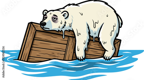 Sad Polar Bear on a Floating Wooden Crate in Water.