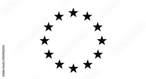 A minimalistic black and white illustration depicting a circular arrangement of twelve solid black stars, symbolizing unity, excellence, and achievement in a clean, graphic design element.