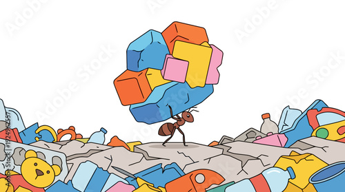 Ant carrying a large colorful stack of blocks on its back.