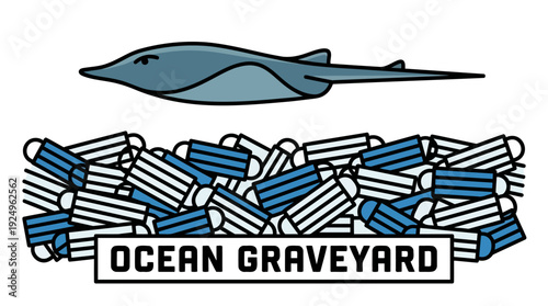 Ocean Graveyard - Manta Ray Swimming Above Pile of Discarded Face Masks.