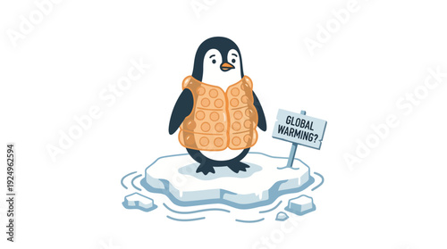 Cute penguin wearing a warm vest standing on a melting ice floe.