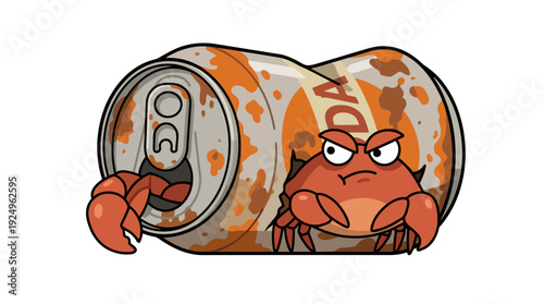 Angry Crab Hiding Inside Rusty Soda Can.