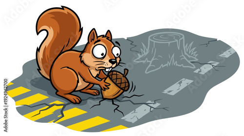 Cute Squirrel Holding Acorn Cartoon Illustration.
