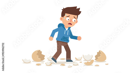 Sad Boy Standing Near Broken Eggshells on Floor.