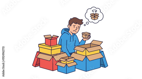 Man with many boxes thinking about an empty box.